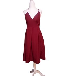 Elia Cher M Midi Dress Tank Cross Back Maroon Burgundy Fit Flare Ball Go…